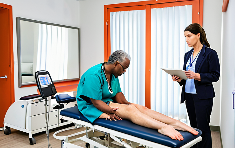 **A multidisciplinary team of healthcare professionals (neurologist, physical therapist, psychologist, nutritionist) collaboratively working with a multiple sclerosis patient in a bright and modern clinic setting. The scene emphasizes patient empowerment and a holistic approach to care.**