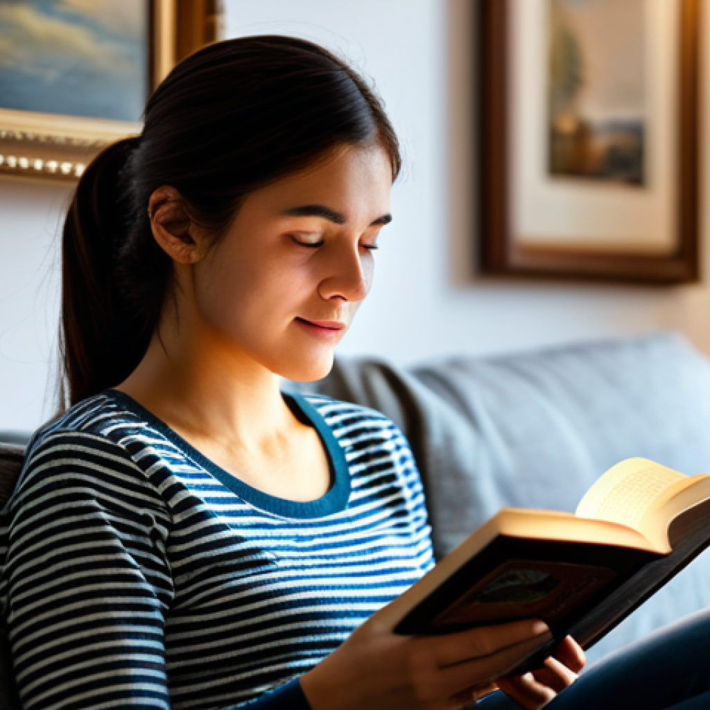 **

"A woman experiencing blurred vision while reading a book in her living room, fully clothed, modest attire, comfortable environment, safe for work, appropriate content, perfect anatomy, natural proportions, family-friendly illustration, warm lighting."

**