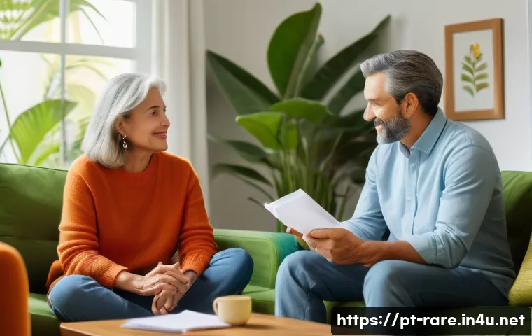 루게릭병 환자와 가족을 위한 도움 - A warm and compassionate therapy session scene showing a middle-aged Brazilian woman and her adult s...