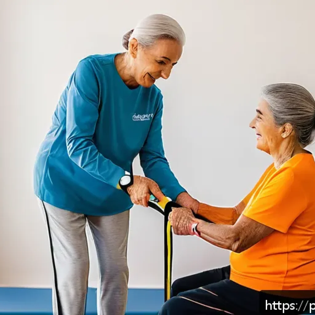 근육병과 물리치료 장단점 - A professional physical therapist assisting an elderly Portuguese woman with personalized low-impact...