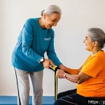 Home 22 근육병과 물리치료 장단점 - A professional physical therapist assisting an elderly Portuguese woman with personalized low-impact...