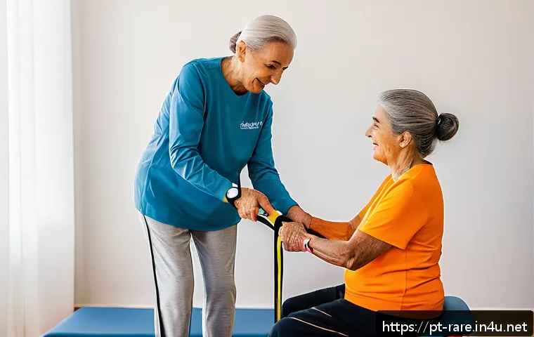 근육병과 물리치료 장단점 - A professional physical therapist assisting an elderly Portuguese woman with personalized low-impact...