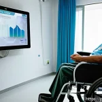 Home 20 루게릭병과 생활 보조기술 - A modern hospital room with a middle-aged Brazilian patient using an advanced eye-tracking communica...