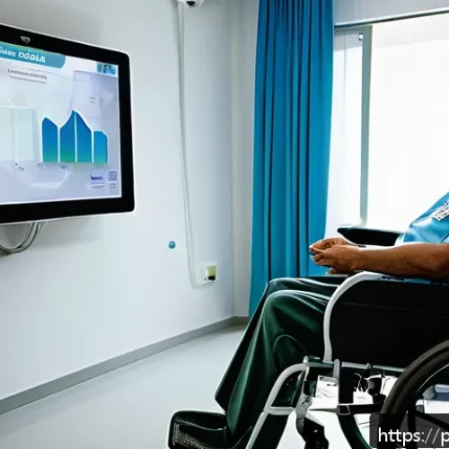 Home 32 루게릭병과 생활 보조기술 - A modern hospital room with a middle-aged Brazilian patient using an advanced eye-tracking communica...