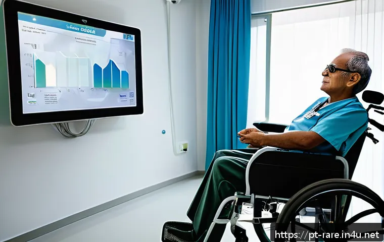 루게릭병과 생활 보조기술 - A modern hospital room with a middle-aged Brazilian patient using an advanced eye-tracking communica...