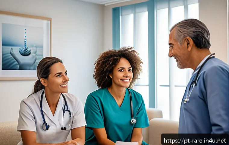 희귀 난치병 환자용 지원 단체 - A warm and inviting multidisciplinary healthcare team in a modern Brazilian clinic setting, featurin...