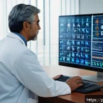 Home 18 난치성 장애와 의료기술 발전 - A futuristic clinical setting showing a middle-aged Brazilian neurologist consulting a patient with ...