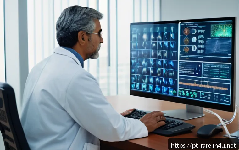 난치성 장애와 의료기술 발전 - A futuristic clinical setting showing a middle-aged Brazilian neurologist consulting a patient with ...